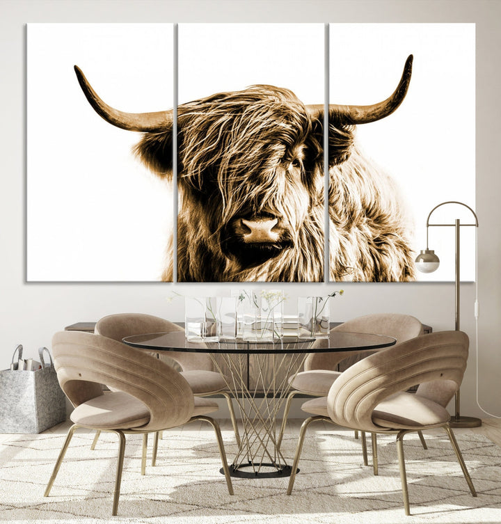 Sephia Highland Cow Canvas Wall Art Farmhouse
