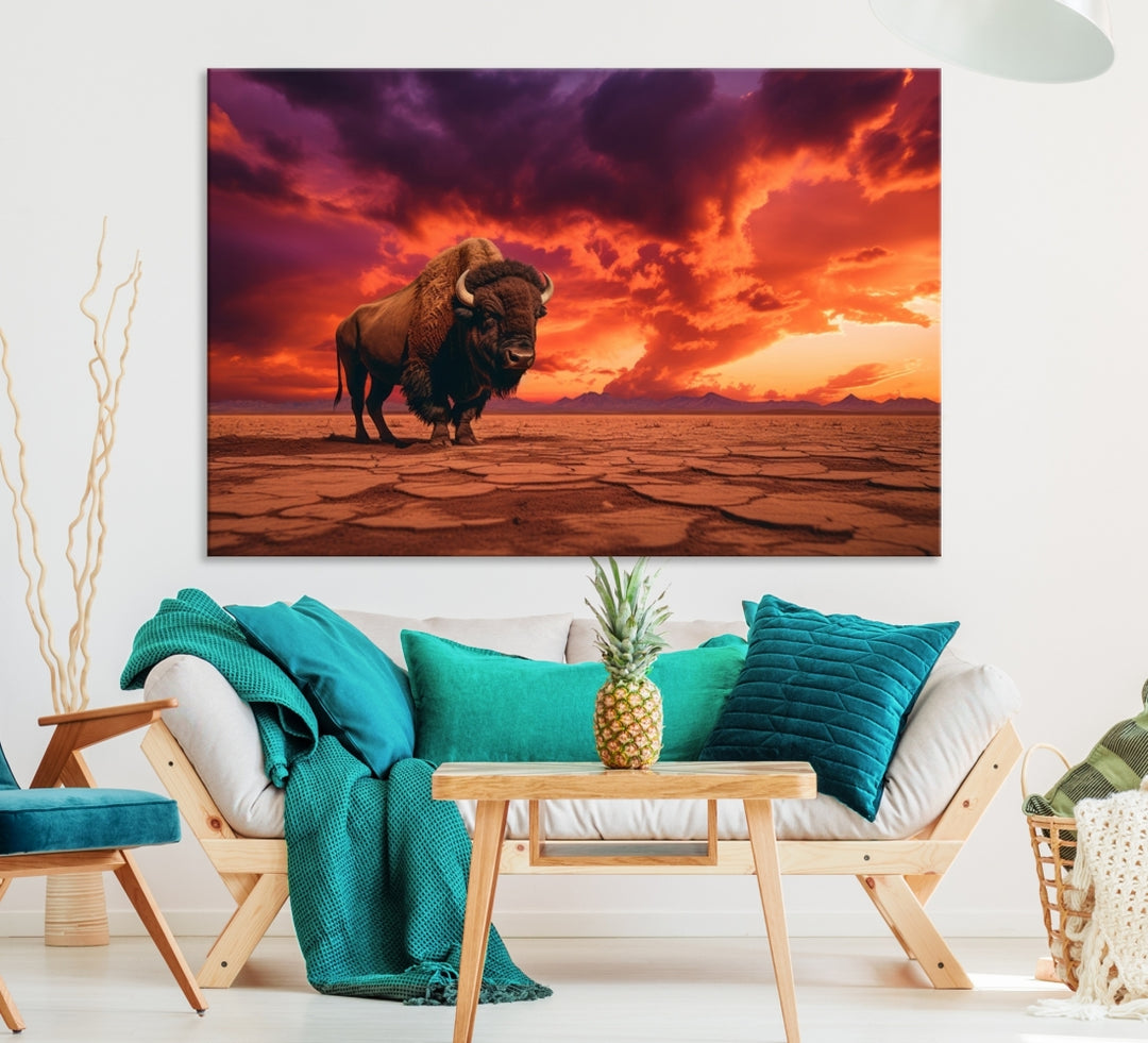 Alone Buffalo on Red Sunset Wall Art Canvas Print
