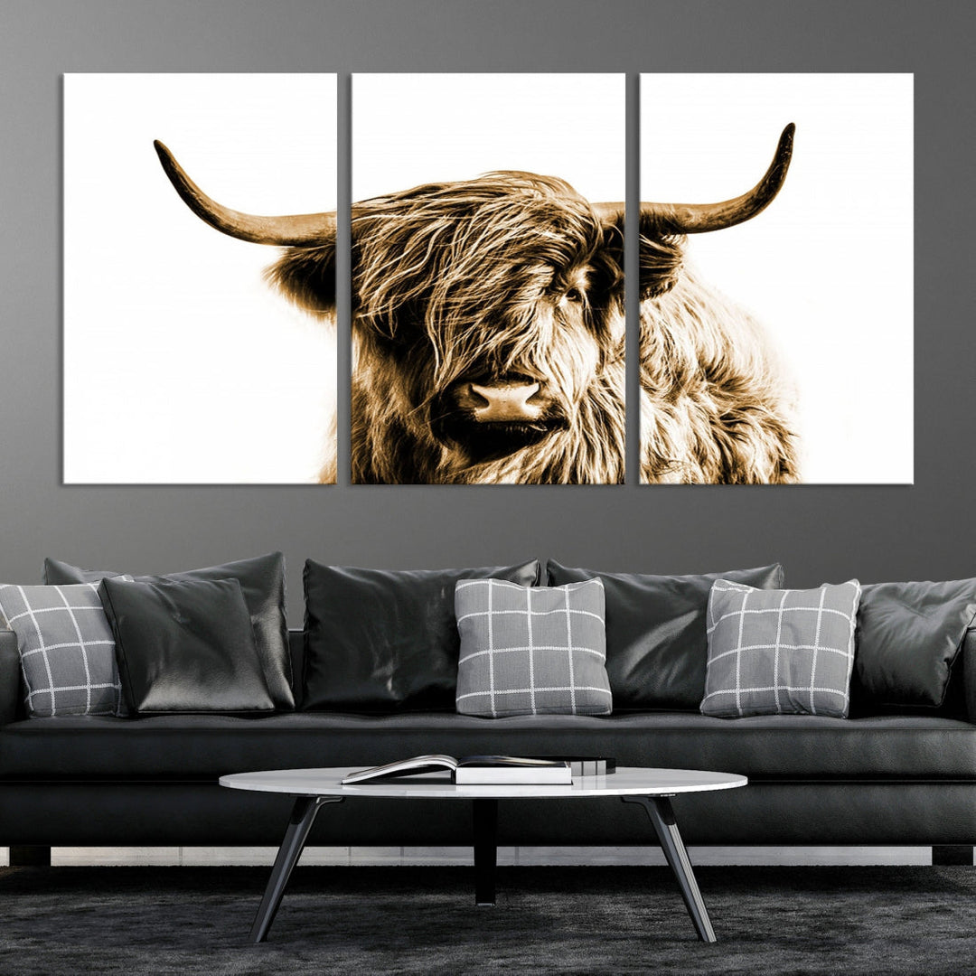 Sephia Highland Cow Canvas Wall Art Farmhouse