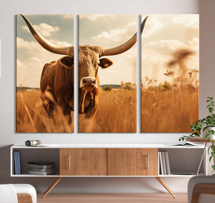 Cow Bighorn Wall Art Canvas Print, Longhorn Texas Cow Animal Canvas Print