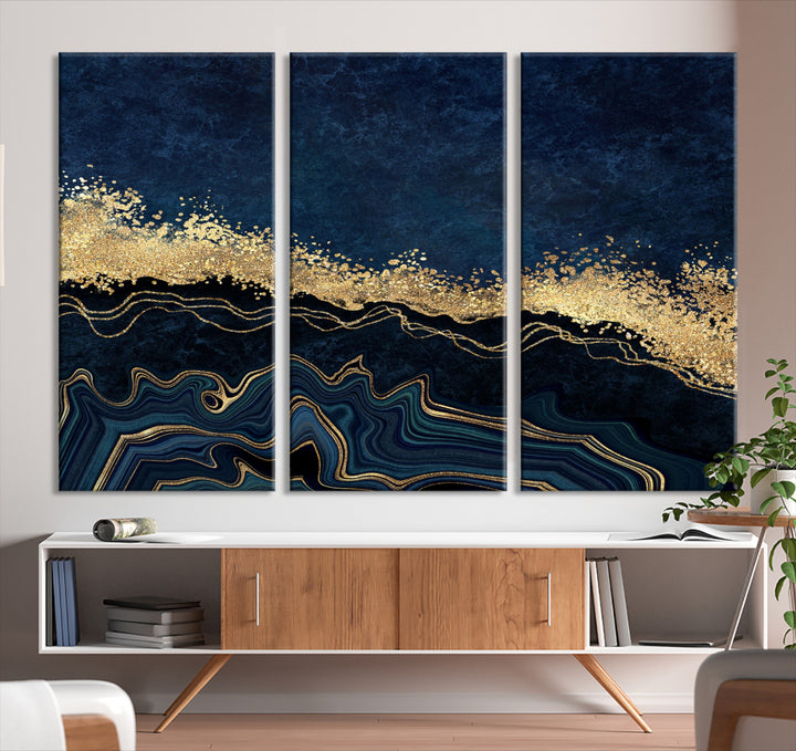 Navy Blue Marble Fluid Effect Large Wall Art Modern Abstract Canvas Wall Art Print
