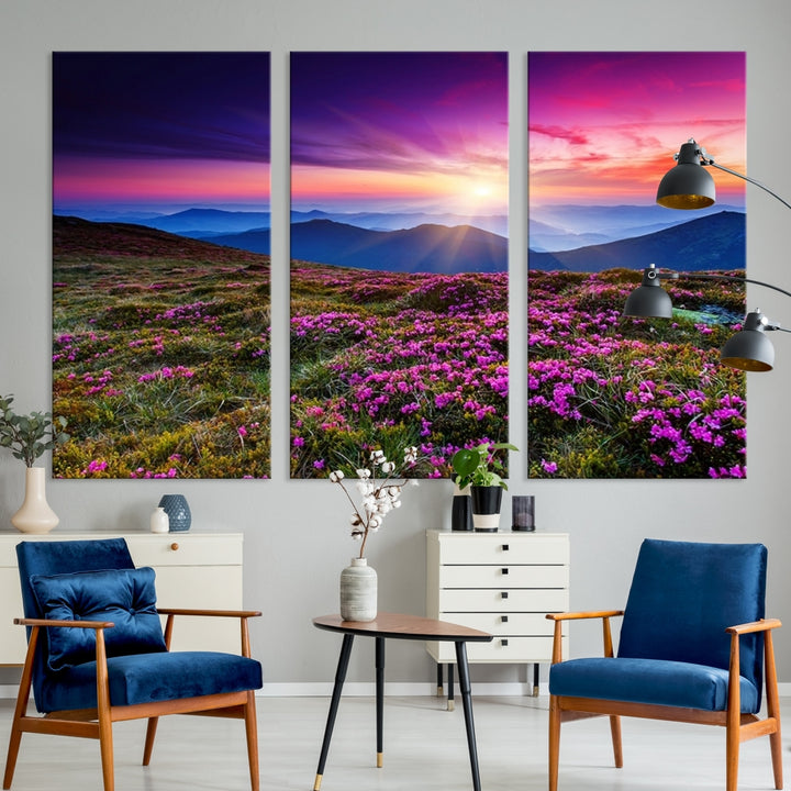 Wall Art Landscape Canvas Print Purple Flowers and Mountains Behind at Sunset