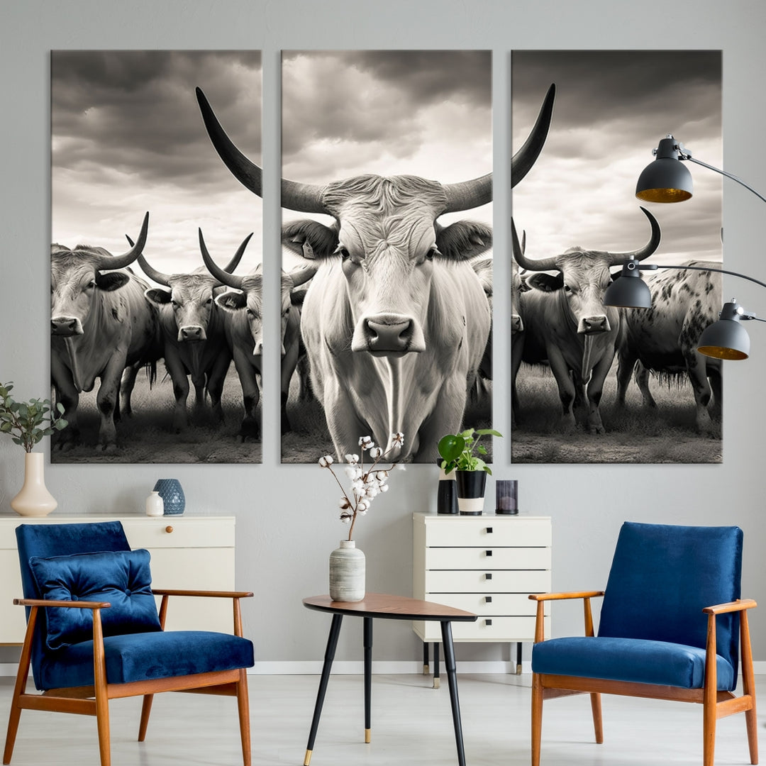 Texas Bighorn Cow Animal Wall Art Canvas Print, Longhorn Cow Wall Art