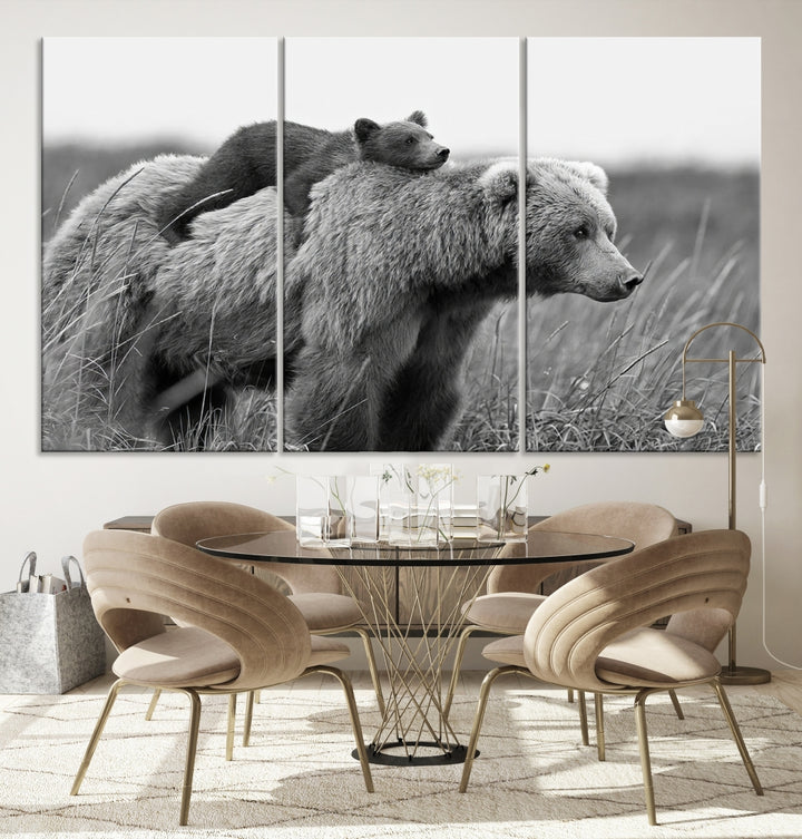 Baby Bear and Mom Bear Family Black & White Canvas Print Wall Art Canvas