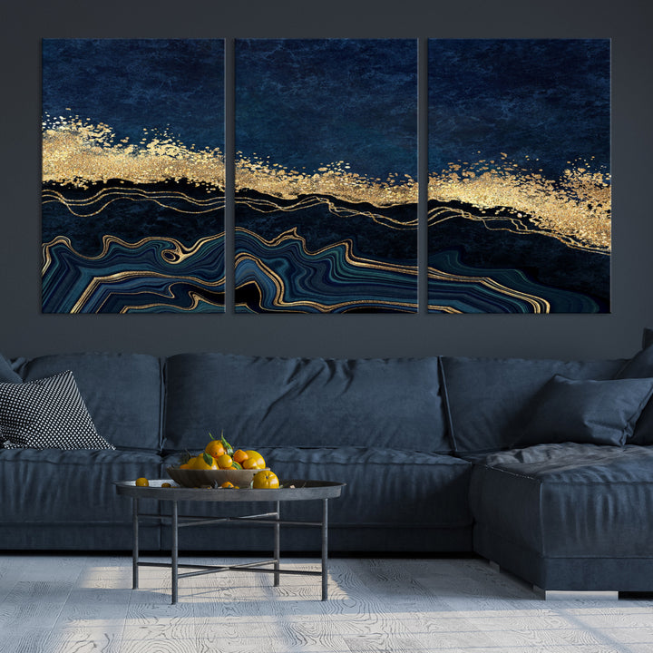 Navy Blue Marble Fluid Effect Large Wall Art Modern Abstract Canvas Wall Art Print
