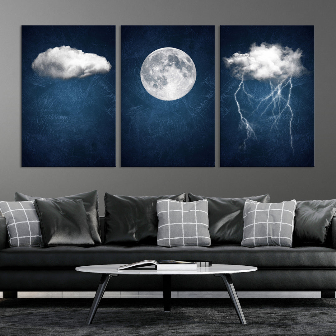Dark Blue Cloud Art, 3 Piece Indigo Blue Wall Art, Aesthetic Surreal Art, Thunderstorm Moon Cloud Artworks