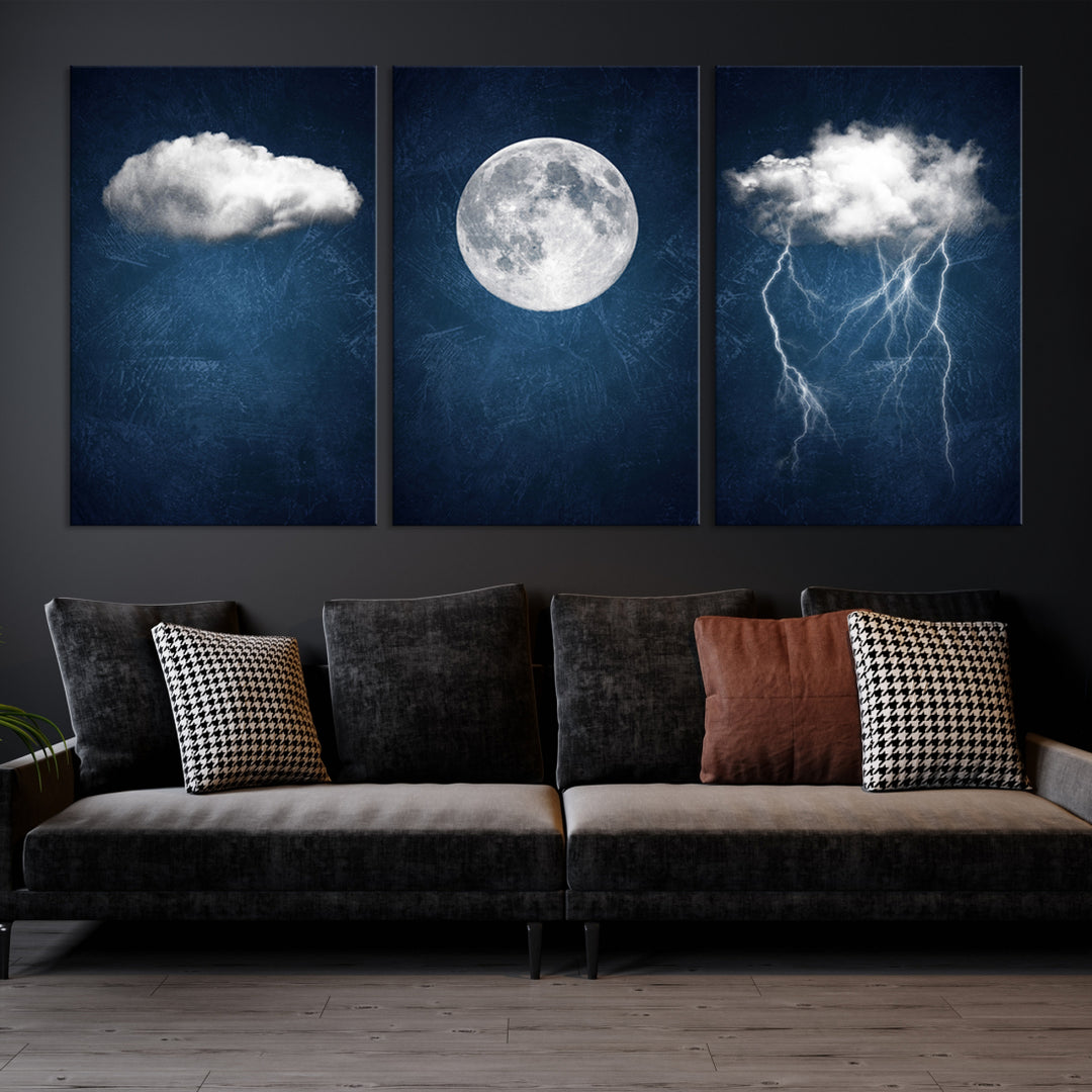 Dark Blue Cloud Art, 3 Piece Indigo Blue Wall Art, Aesthetic Surreal Art, Thunderstorm Moon Cloud Artworks