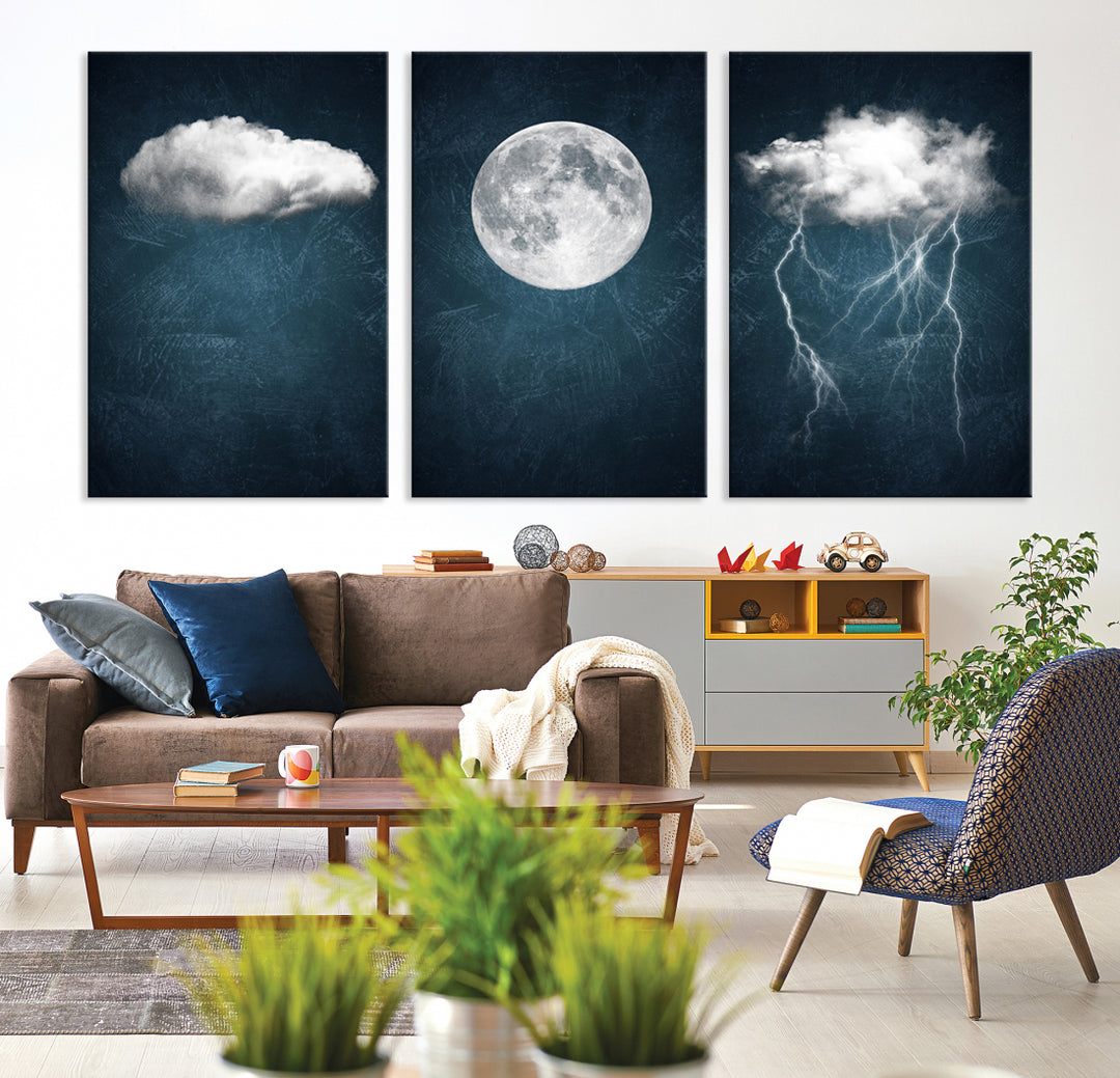 3 Piece Indigo Cloud Wall Art, Thunderstorm Moon Cloud Artworks