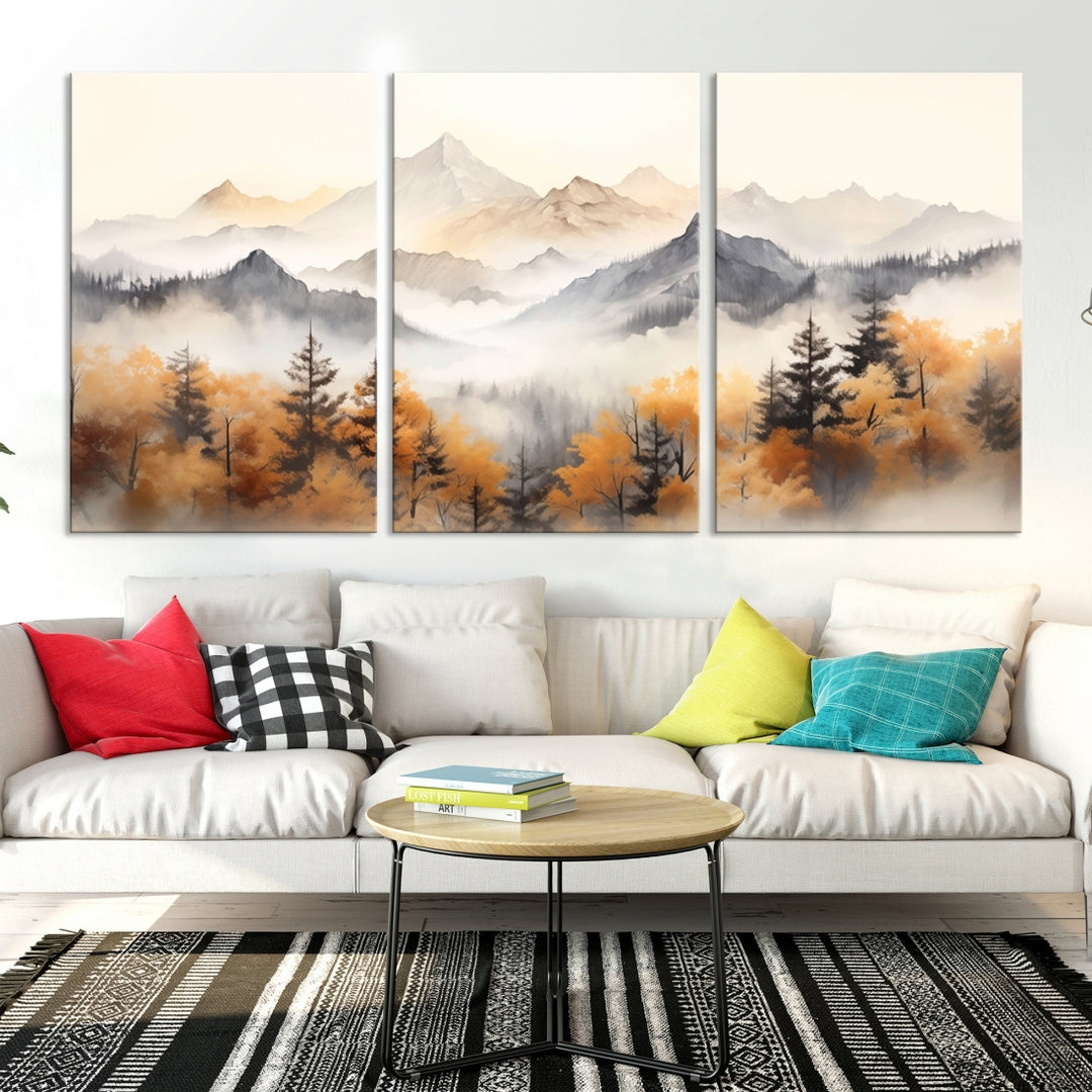 Abstract Watercolor Mountains and Trees Autumn Wall Art