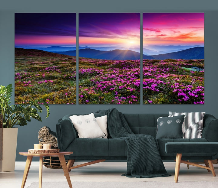 Wall Art Landscape Canvas Print Purple Flowers and Mountains Behind at Sunset