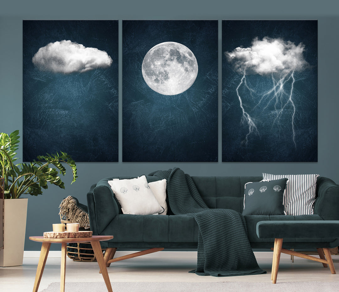 3 Piece Indigo Cloud Wall Art, Thunderstorm Moon Cloud Artworks