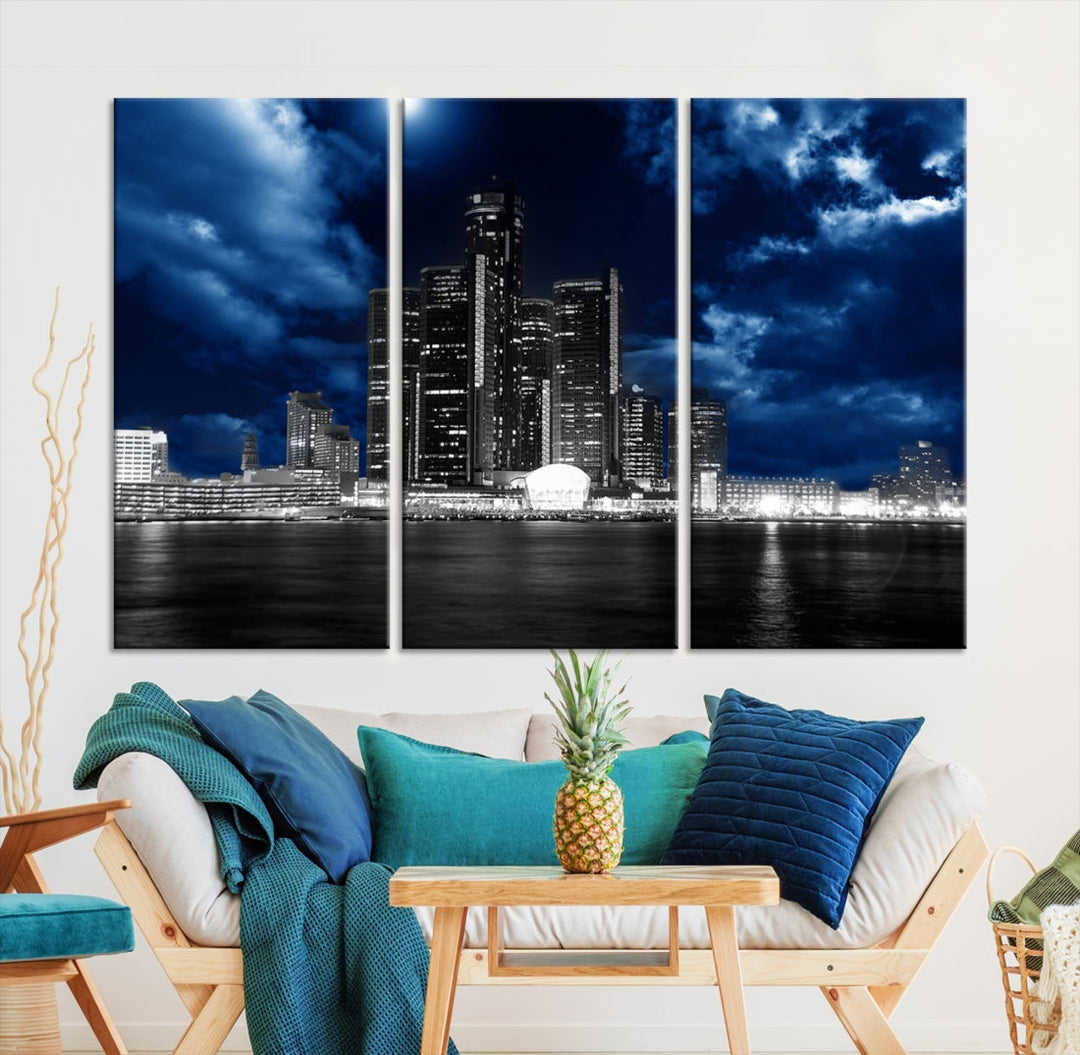 Detroit City Lights Stormy Night Blue Cloudy Skyline Cityscape View Wall Art Canvas Print