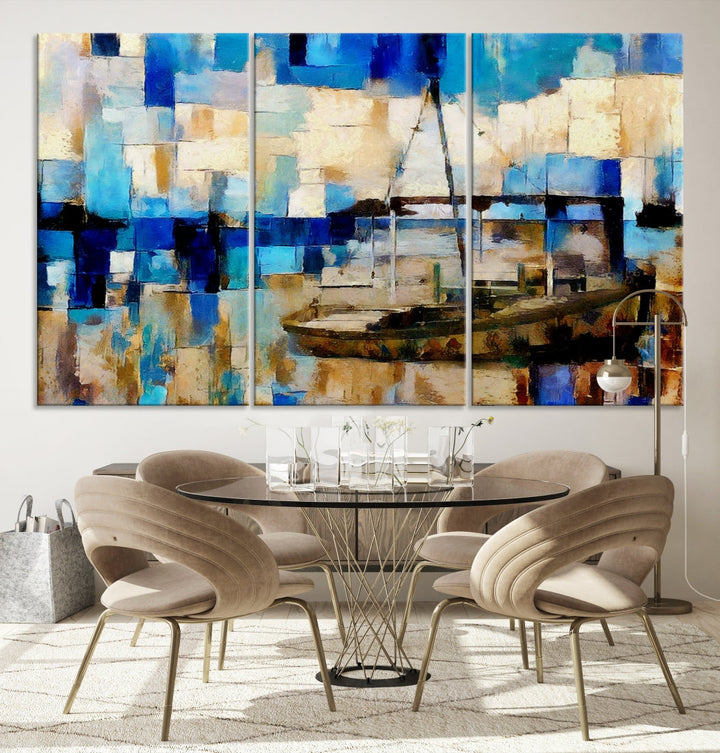 Abstract Boat Painting on Canvas Wall Art Print Nautical Art