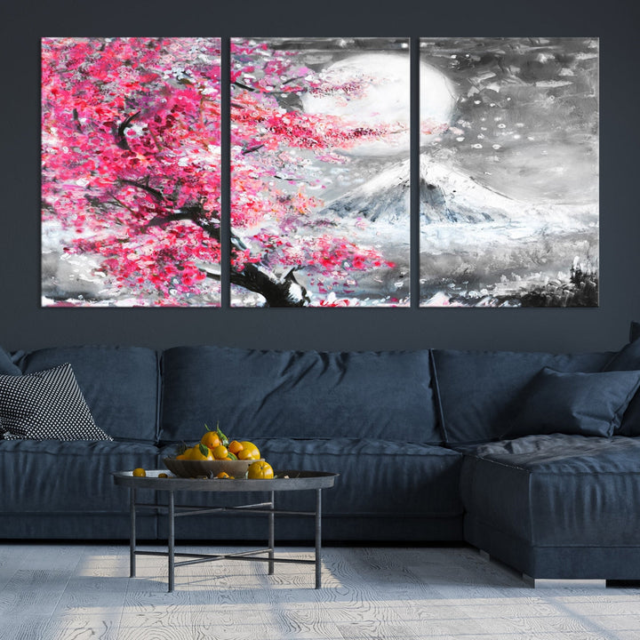 Cherry Blossom Painting Canvas Wall Art Full Moon Art Winter Canvas Art