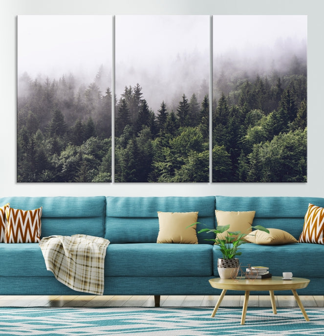 Foggy and Misty Forest Canvas Wall Art Print, Cloudy Forest Wall Art Canvas Print
