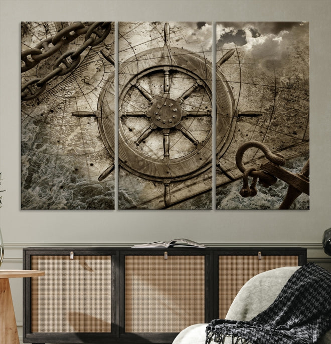 Wooden Ship Wheel Multi Panel Canvas Wall Art Print