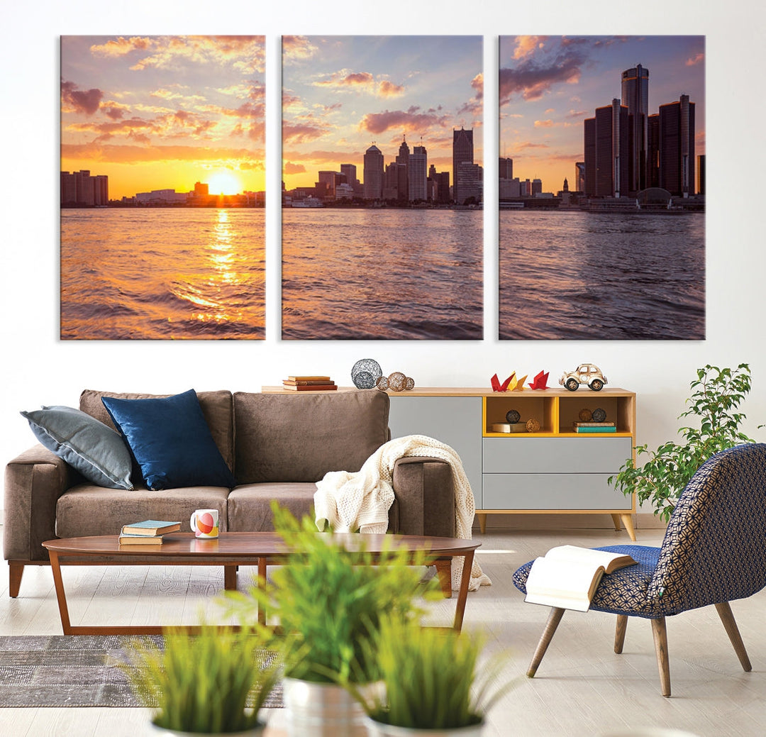 Detroit City Sunset Skyline Cityscape View Wall Art Canvas Print