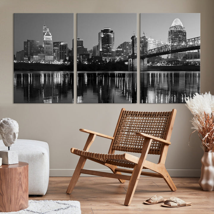 Cincinnati City Lights Skyline Black and White Wall Art Cityscape Canvas Print