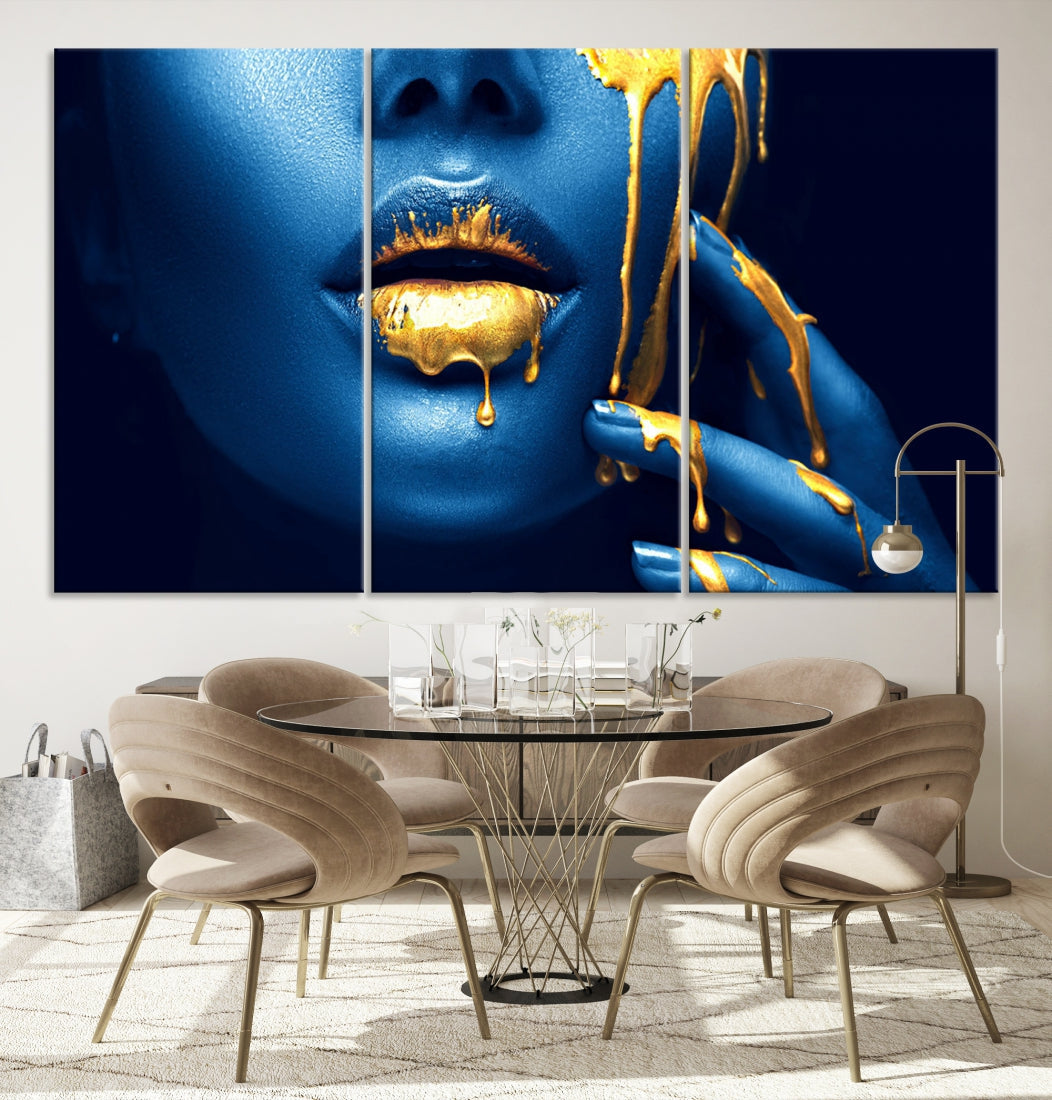 Neon Blue Gold Lips Photography Canvas Wall Art Print Fashion Art Beauty