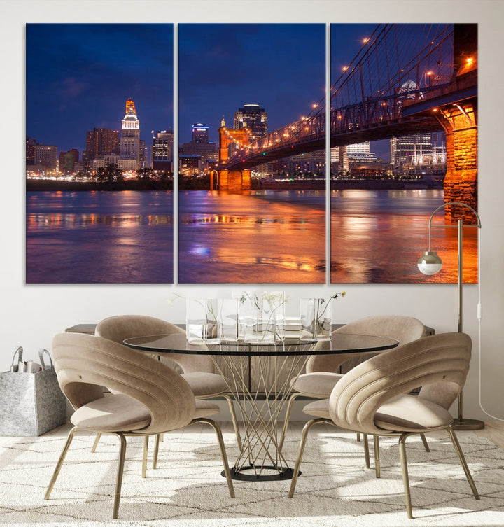 Cincinnati City Bridge Lights Night Skyline Cityscape View Wall Art Canvas Print