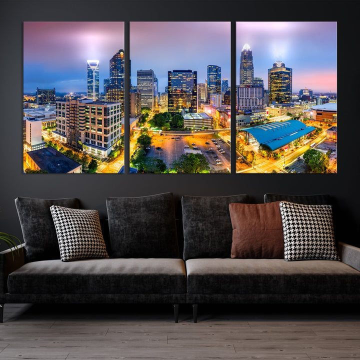 Charlotte City Lights Sunset Purple Skyline Cityscape View Wall Art Canvas Print