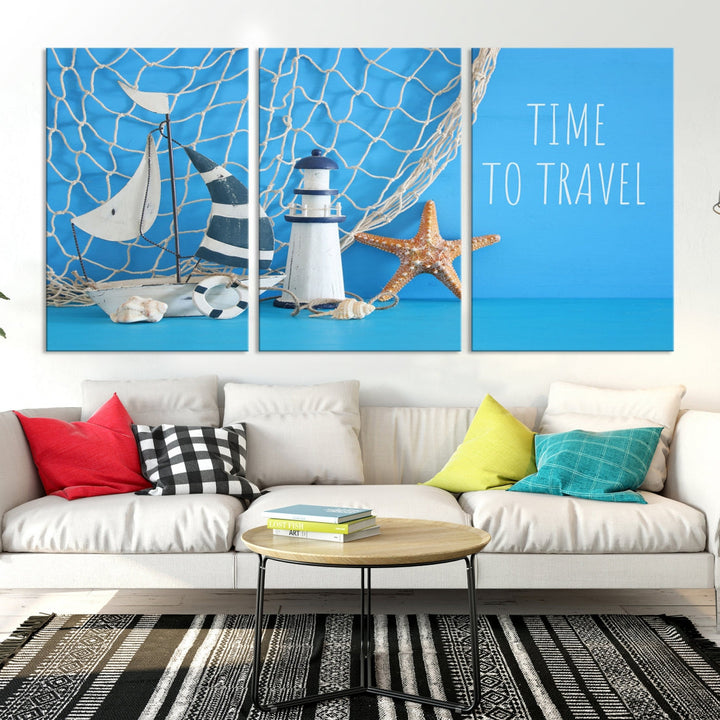 Sailing Boat Starfish and Lighthouse Wall Art Canvas Print
