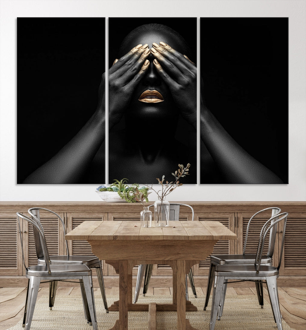 African American Art Black and White Canvas Wall Art Gold Lips Art