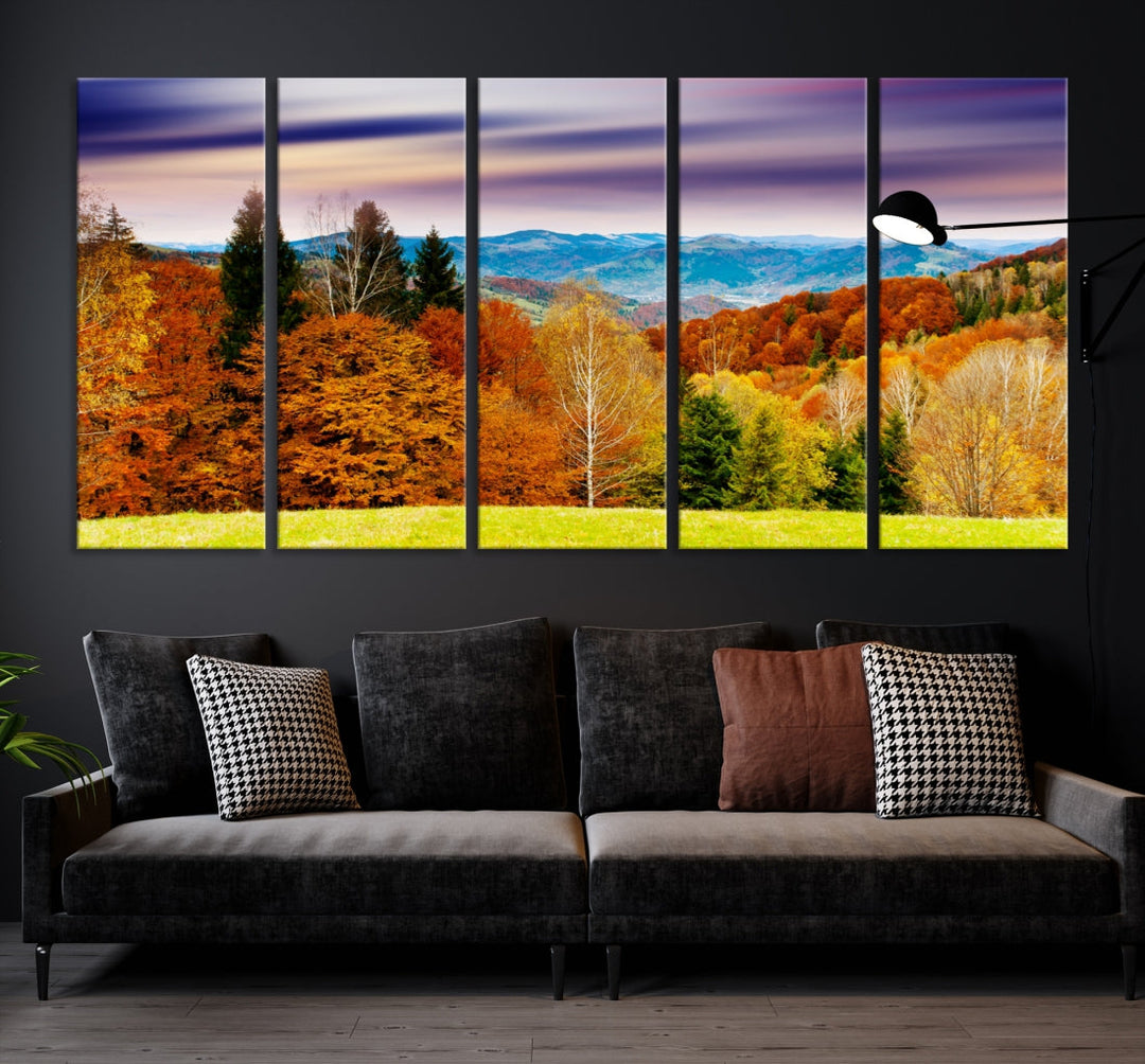 Autumn Colorful Forest Blue Mountains and Purple Sky at Sunset Wall Art Canvas Print