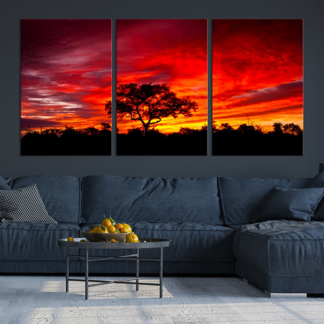 Red Sunset Landscape Artwork Printing, Forest Tree Wall Art Canvas Print
