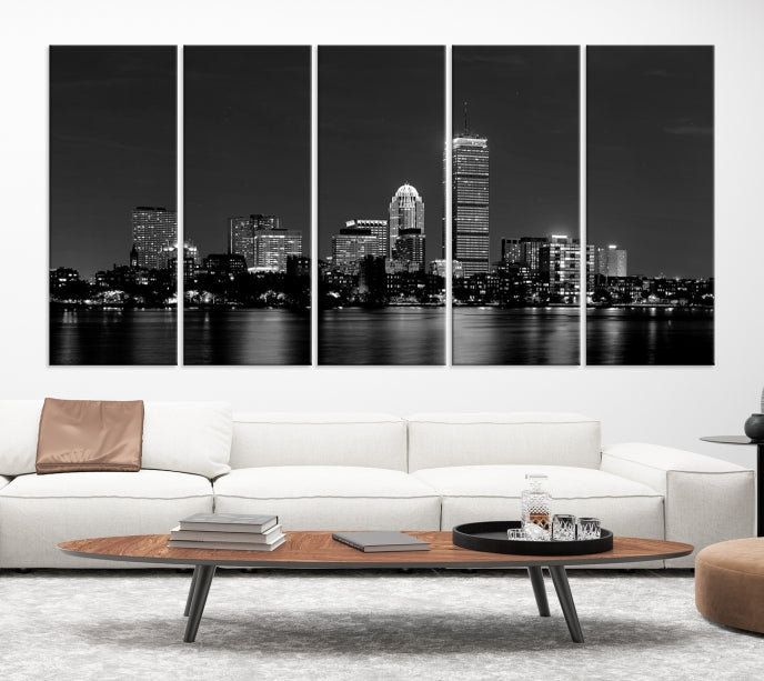Boston City Lights Skyline Black and White Wall Art Cityscape Print