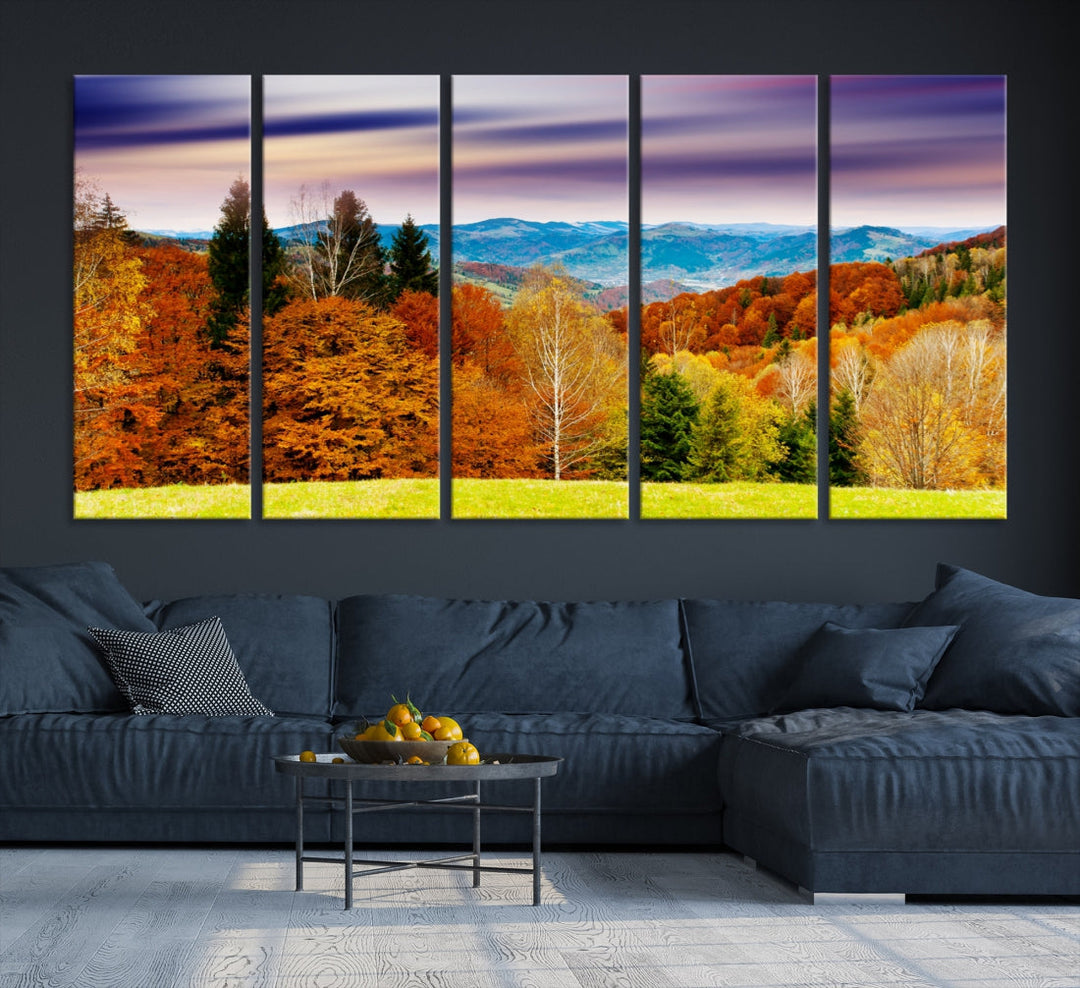 Autumn Colorful Forest Blue Mountains and Purple Sky at Sunset Wall Art Canvas Print