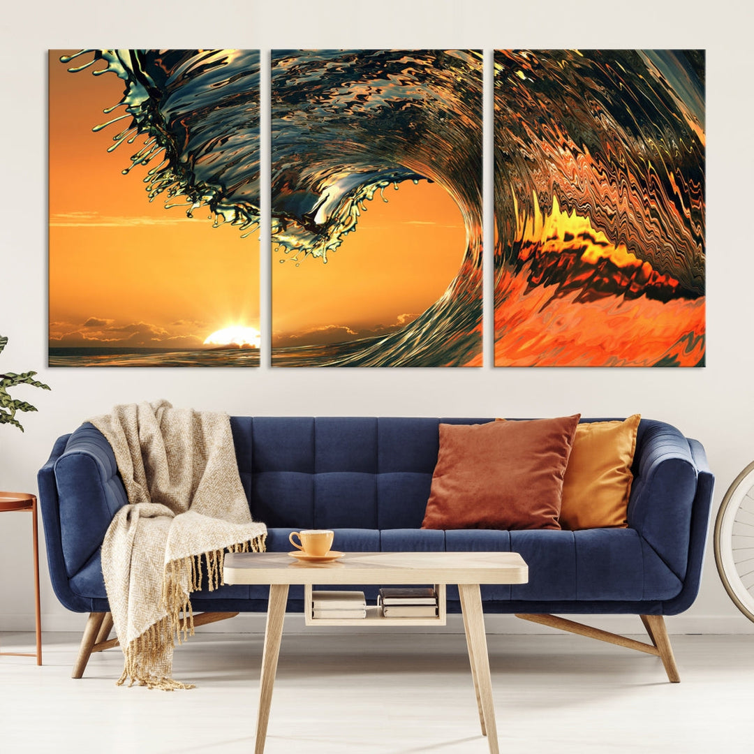 Ocean Wave With Perfect Sunset Canvas Wall Art Print Nautical Art Ocean Sea Waves
