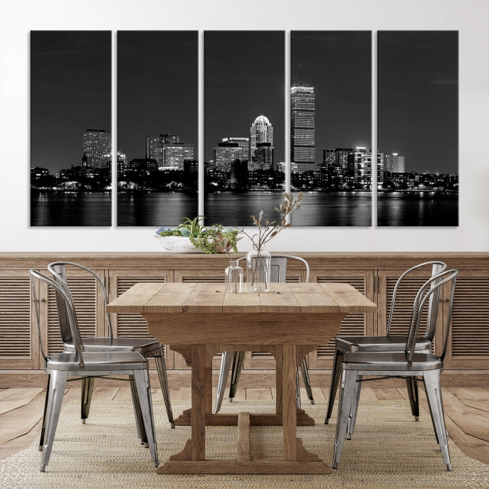 Boston City Lights Skyline Black and White Wall Art Cityscape Print