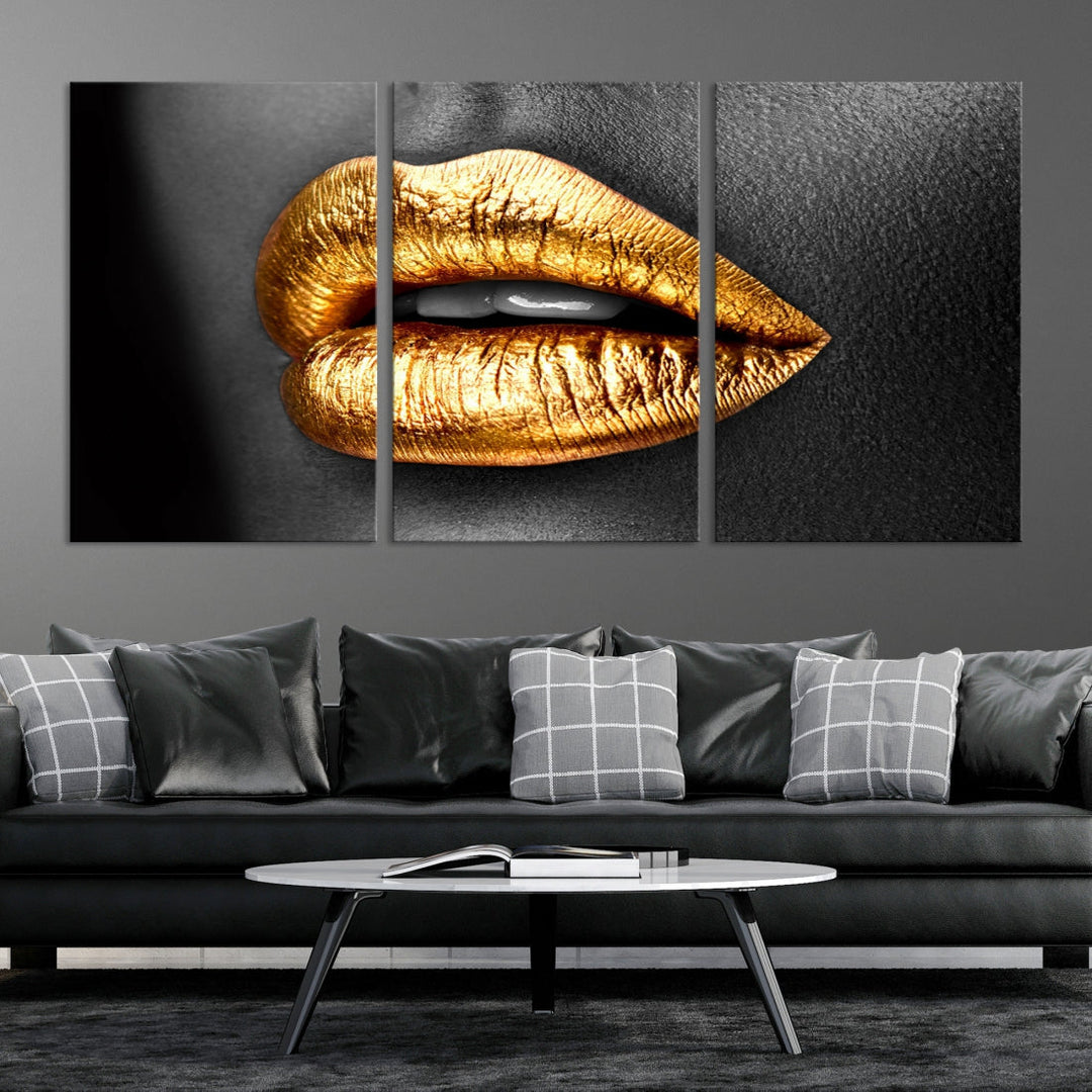 Gold Lips Canvas Wall Art Print Makeup Wall Art Fashion Beauty Canvas Print