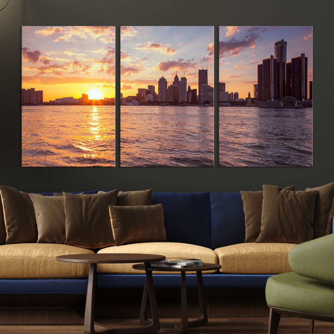 Detroit City Sunset Skyline Cityscape View Wall Art Canvas Print
