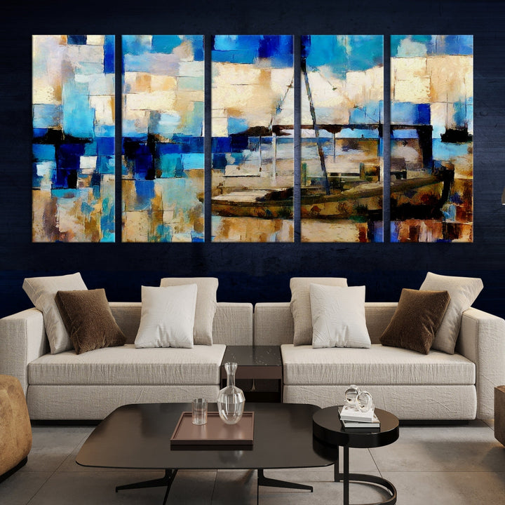 Abstract Boat Painting on Canvas Wall Art Print Nautical Art