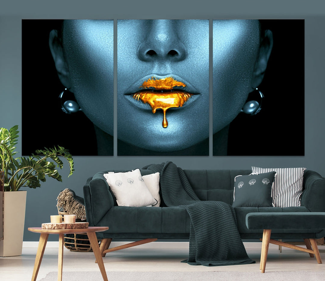 Gold Glitter Lips Wall Art Lips Canvas Art Print