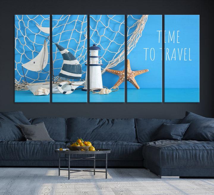 Sailing Boat Starfish and Lighthouse Wall Art Canvas Print