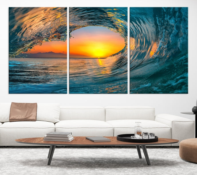 Ocean Great Wave Surfing and Sunset Wall Art Canvas Print