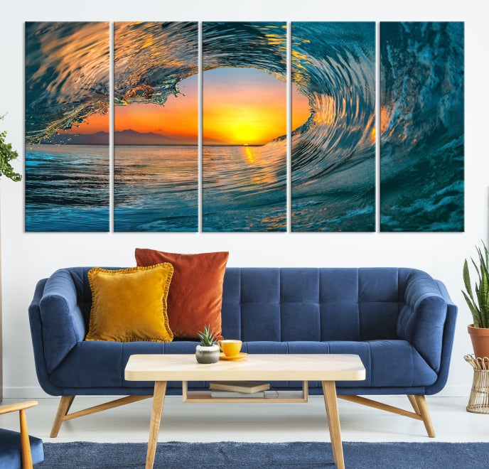 Ocean Great Wave Surfing and Sunset Wall Art Canvas Print