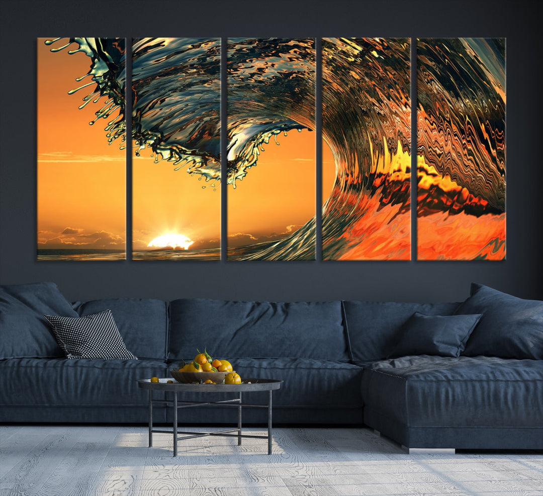 Ocean Wave With Perfect Sunset Canvas Wall Art Print Nautical Art Ocean Sea Waves