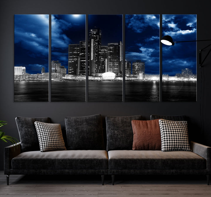 Detroit City Lights Stormy Night Blue Cloudy Skyline Cityscape View Wall Art Canvas Print