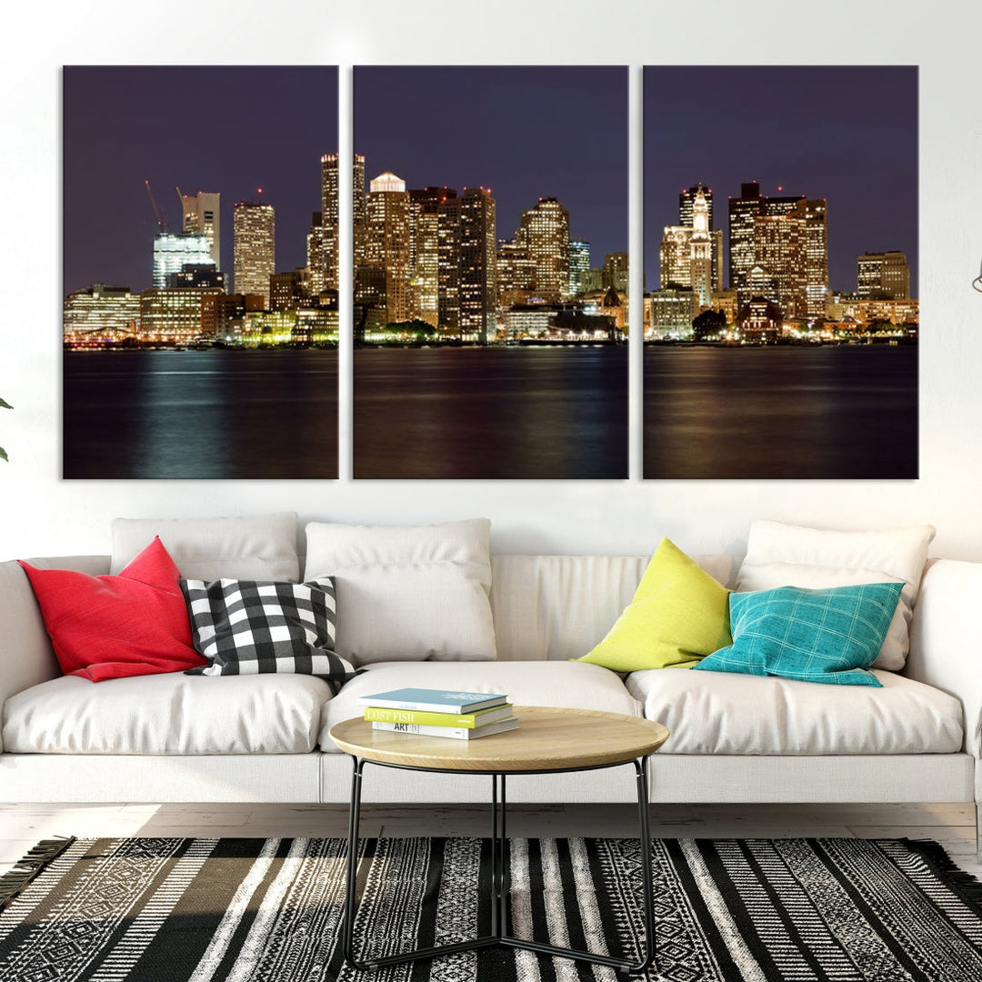 Boston City Night Skyline Cityscape View Wall Art Canvas Print