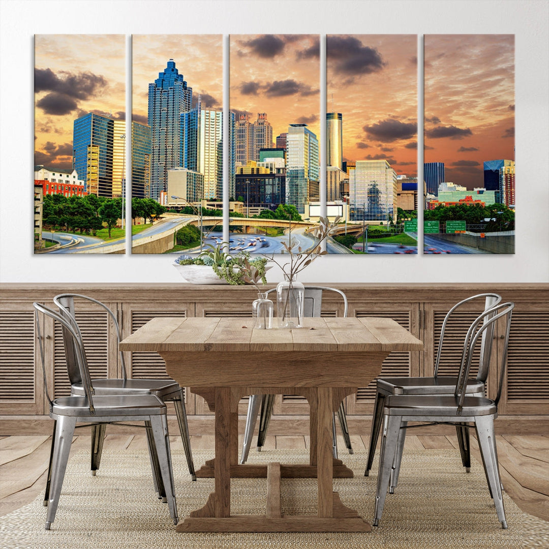 Atlanta City Lights Sunset Skyline Cityscape View Wall Art Canvas Print