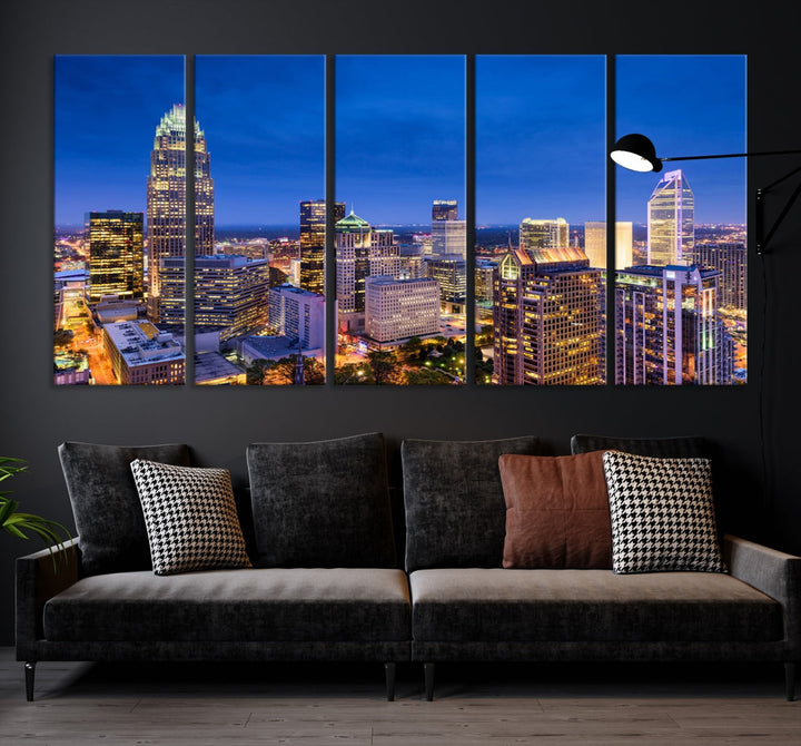 Charlotte City Lights Night Blue Skyline Cityscape View Wall Art Canvas Print