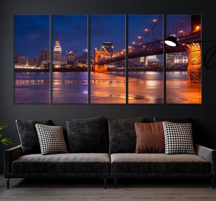 Cincinnati City Bridge Lights Night Skyline Cityscape View Wall Art Canvas Print