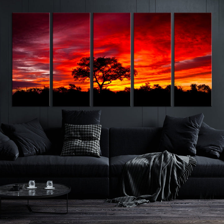 Red Sunset Landscape Artwork Printing, Forest Tree Wall Art Canvas Print