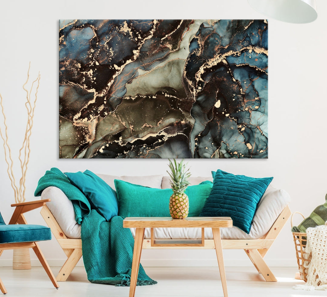 Black and Blue Marble Fluid Effect Wall Art Abstract Canvas Wall Art Print