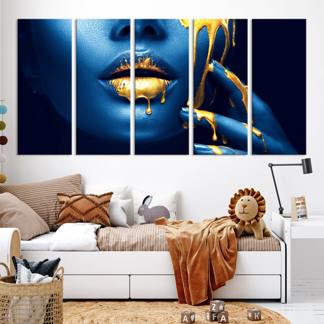 Neon Blue Gold Lips Photography Canvas Wall Art Print Fashion Art Beauty