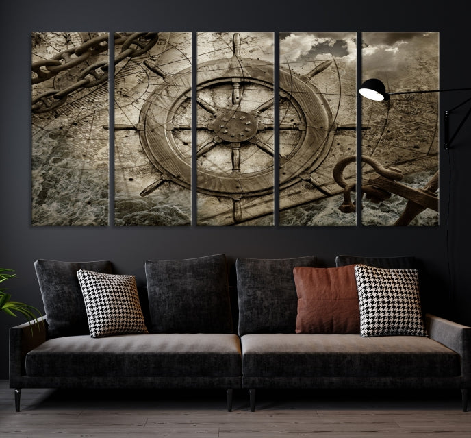 Wooden Ship Wheel Multi Panel Canvas Wall Art Print